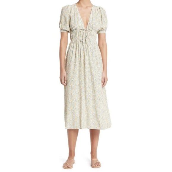 Faithfull the Brand Floral Midi Dress Sz. Small | Puff Sleeve Tie Front Feminine - Picture 1 of 15